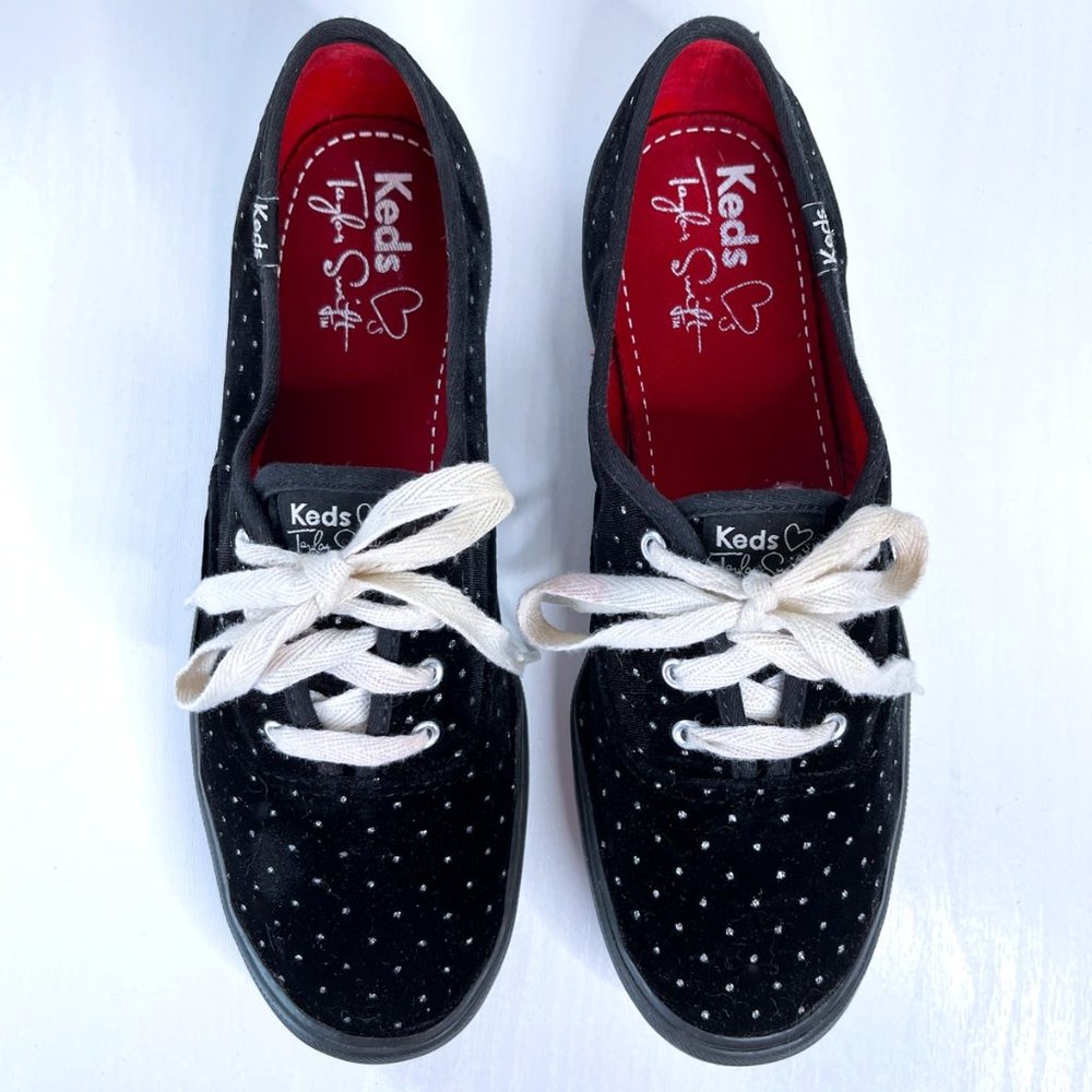 Keds x Taylor Swift ♥ 034 Black Velvet Silver Polka Dot Lace Sneakers Women Sz 7